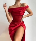 Clothing Manufacturer China Autumn Women One Off Shoulder Satin Bone Pleated Slit Mid Dress