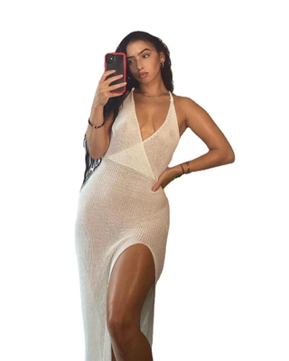 Small Business Fashion V - Neck Backless Strap See Through Crochet Beach Sling Dress